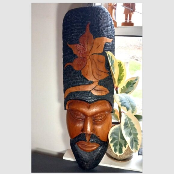 Tiki Head Large Vintage Bearded Polynesian or African Carving Teak Wood 27 inch - Picture 5 of 9